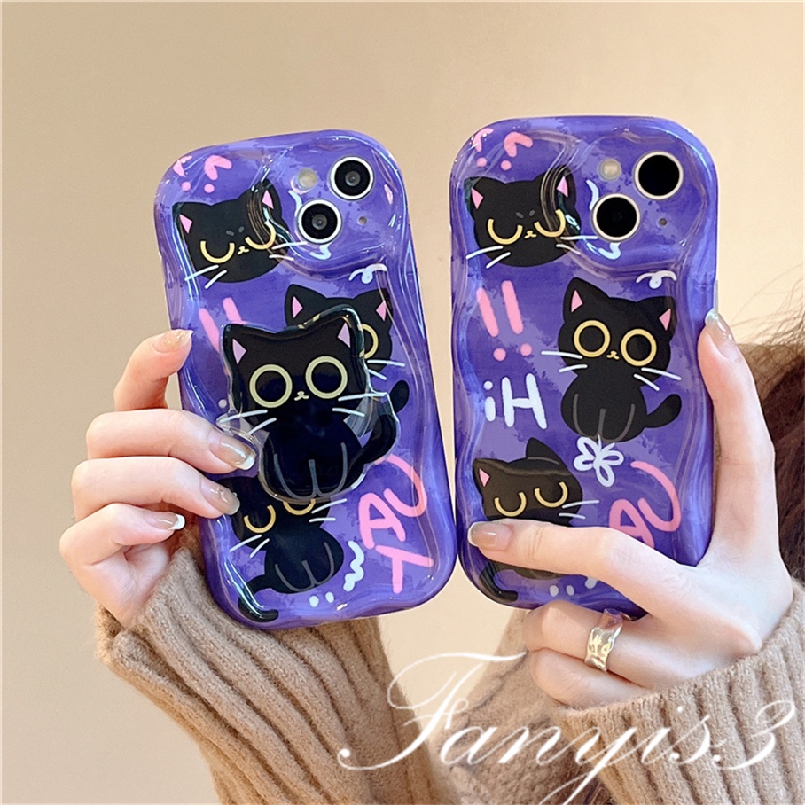 Compatible For IPhone 14 13 12 11 Pro Max X XR Xs Max 8 7 6s Plus SE 2020 Kompatibel Untuk Lucu Kucing Hitam Ungu Gelombang Casing Ponsel TPU Silicon Lembut Cover Pelindung