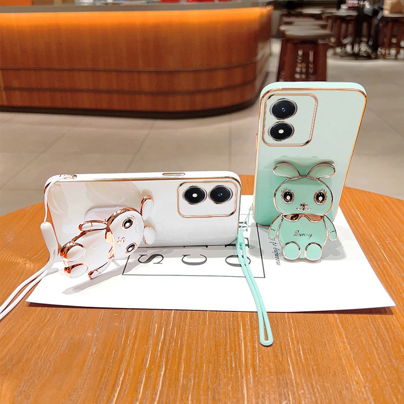 Andyh Case Ponsel Untuk Vivo Y02S Lucu Kartun Kelinci Kecil Tepi Lurus Shell Lembut Mengirim lanyard Silikon