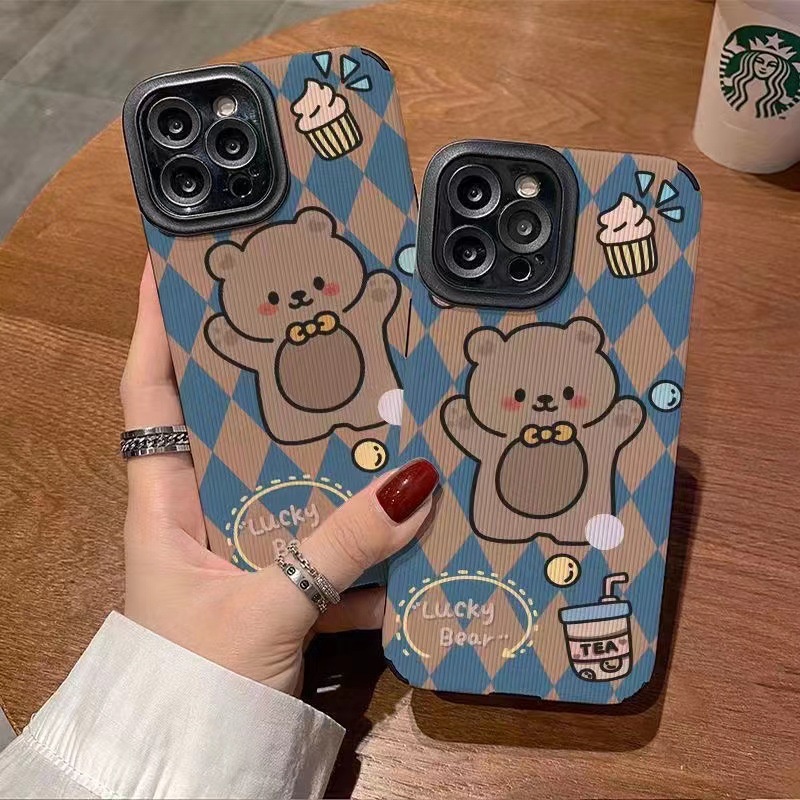 [Kulit Domba] Soft Case Kulit Untuk IPhone 6S 7plus 8plus X XS XR XS Max 11 13 12 14 PRO Max 14 Plus 12 13 Mini Ins Fashion Lucu Belah Ketupat Beruang