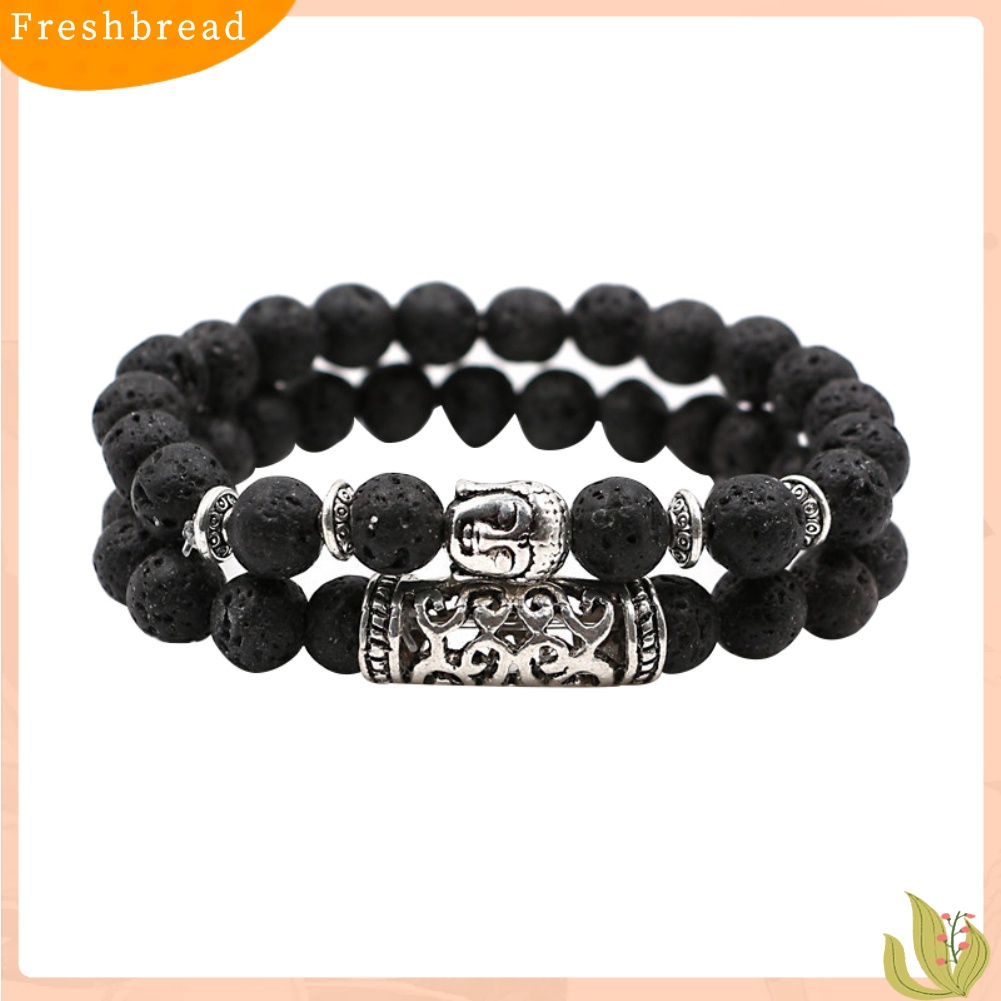 &lt; Freshbread &gt; Fashion 2 Pcs Batu Alam Yoga Perhiasan Unisex Buddha Kepala Manik-Manik Gelang Set