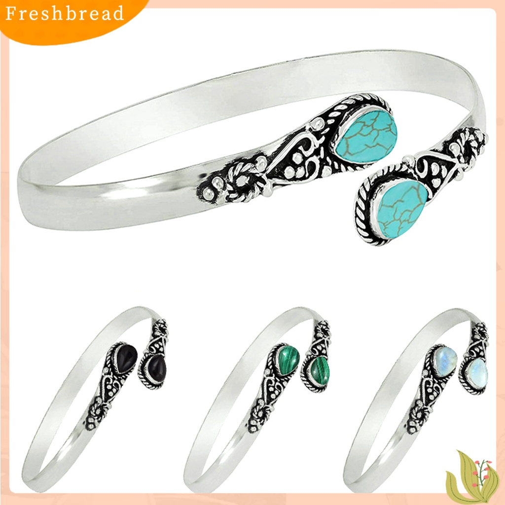 &lt; Freshbread &gt; Gelang Pergelangan Tangan Buatan Tangan Pembukaan Adjustable Retro Tetesan Air Berbentuk Dekorasi Hias Kepribadian Faux Moonstone Turquoise Cuff Bangle Perhiasan Aksesori