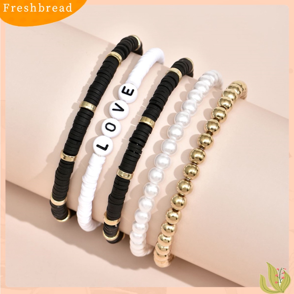 &lt; Freshbread &gt; 5Pcs Gelang Unisex Warna-Warni Bohemian Polymer Clay Love Huruf Mutiara Imitasi Gelang Untuk Pesta