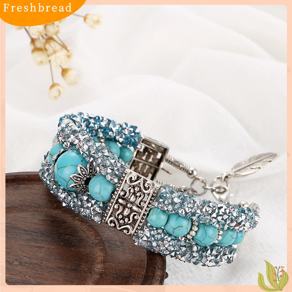 &lt; Freshbread &gt; Vintage Wanita Faux Turquoise Beads Berlian Imitasi Diukir Gelang Bangle Perhiasan