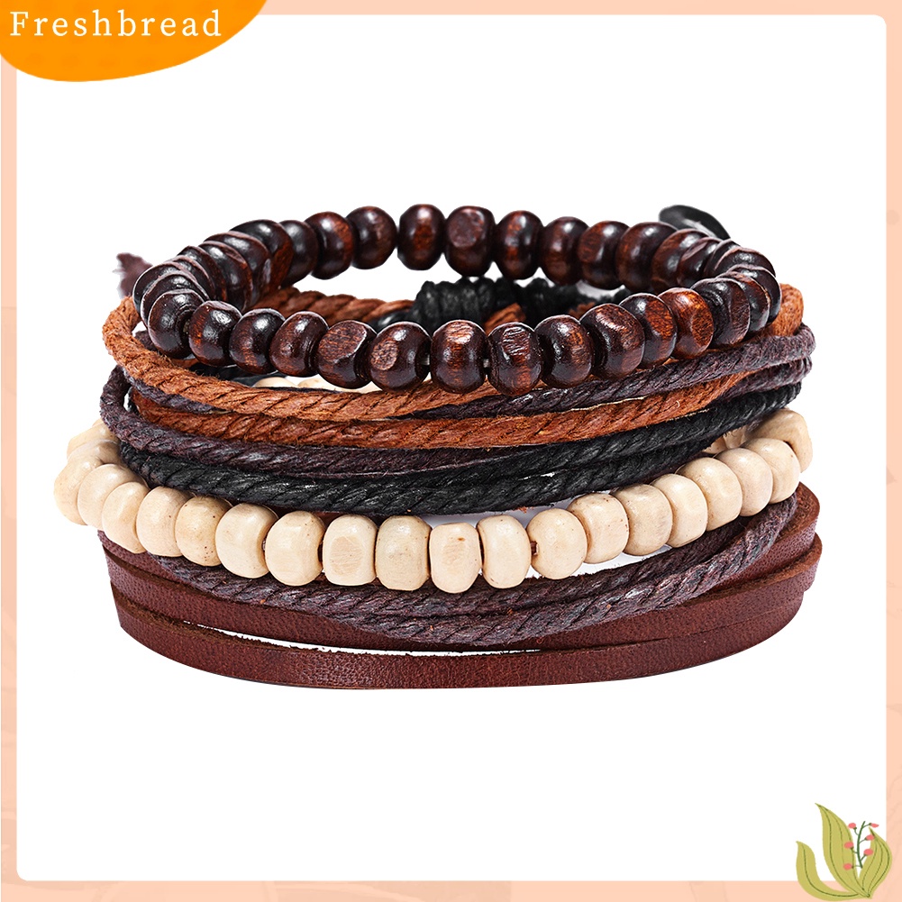 &lt; Freshbread &gt; 4Pcs/Set Vintage Pria Gaya Campur Braided Faux Leather Beaded Bracelet Bangle