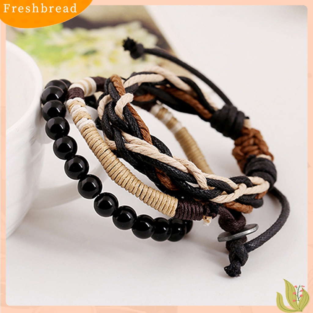 &lt; Freshbread &gt; 3Pcs Gelang Multilayer Fashion Aksesoris Manik-Manik Kayu Kulit Imitasi Bangle Lilin Tali Cuff Bracelets Untuk Pria