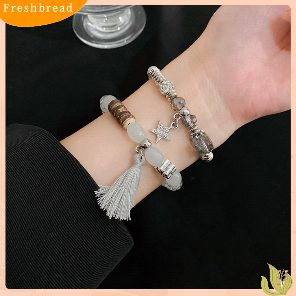 &lt; Freshbread &gt; 2Pcs/Set Couple Gelang Gaya Etnik Manik-Manik Elastis Berlian Imitasi Bintang Liontin Hadiah Elegan Adjustable Kristal Imitasi Jumbai Pria Gelang Fashion Perhiasan