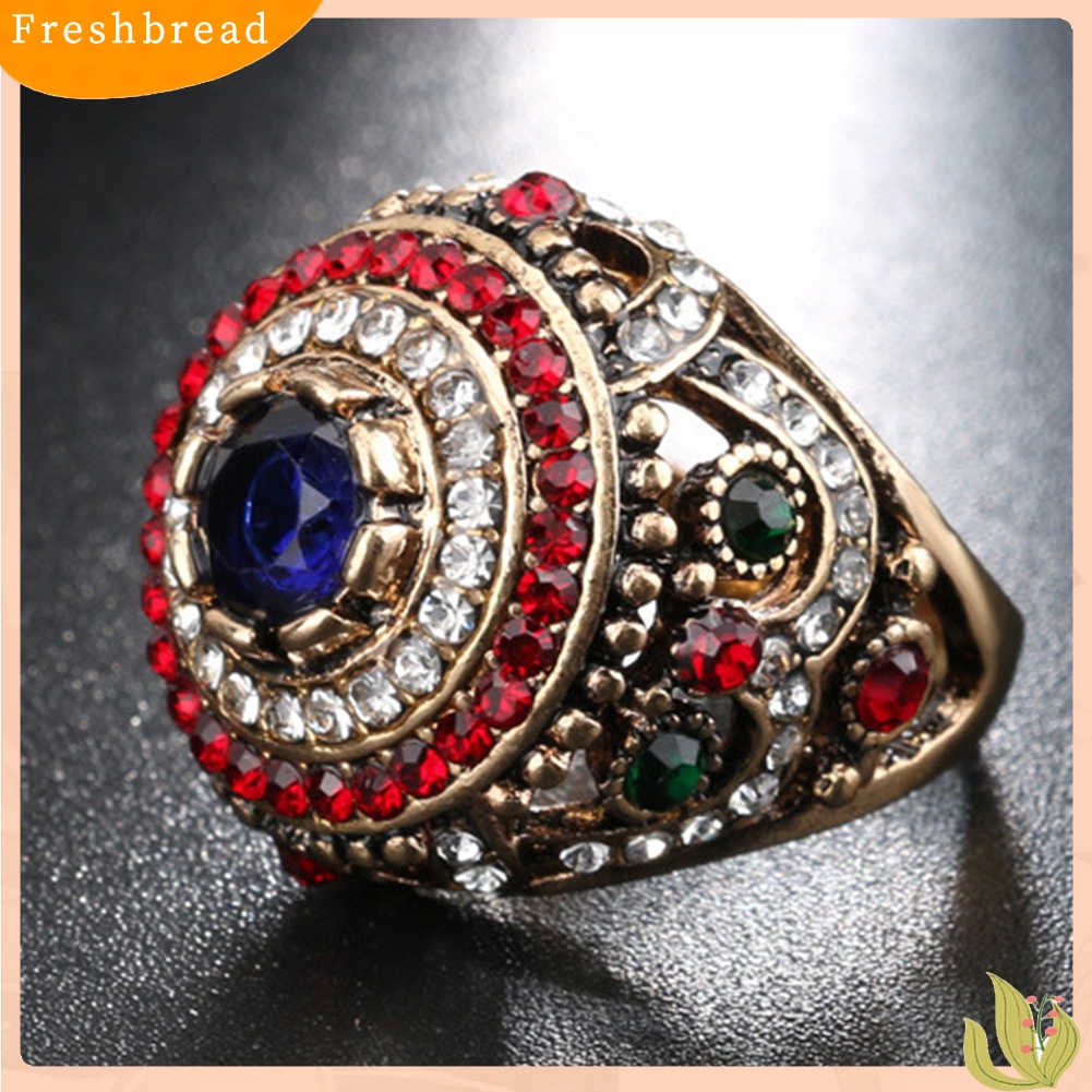 &lt; Freshbread &gt; Wanita Mewah Bulat Warna-Warni Berlian Imitasi Bertatahkan Jari Cincin Pesta Perhiasan Hadiah