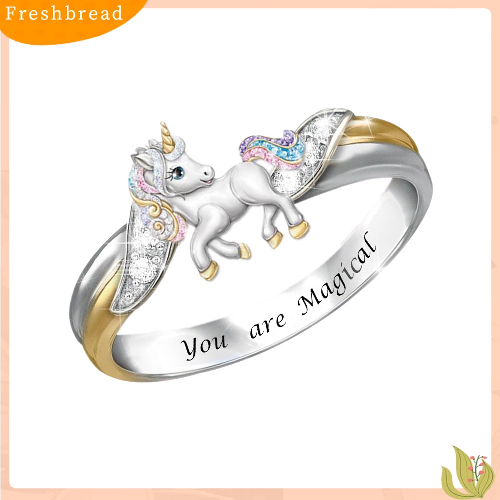 &lt; Freshbread &gt; Fashion Wanita Desain Unicorn Berlian Imitasi Huruf Ukiran Alloy Cincin Perhiasan Hadiah