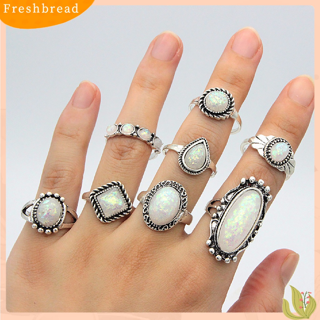 &lt; Freshbread &gt; 8Pcs/Set Cincin Buku Jari Dapat Ditumpuk Persegi Warna Perak Gaya Etnik Faux Permata Jari Rings Perhiasan Aksesori