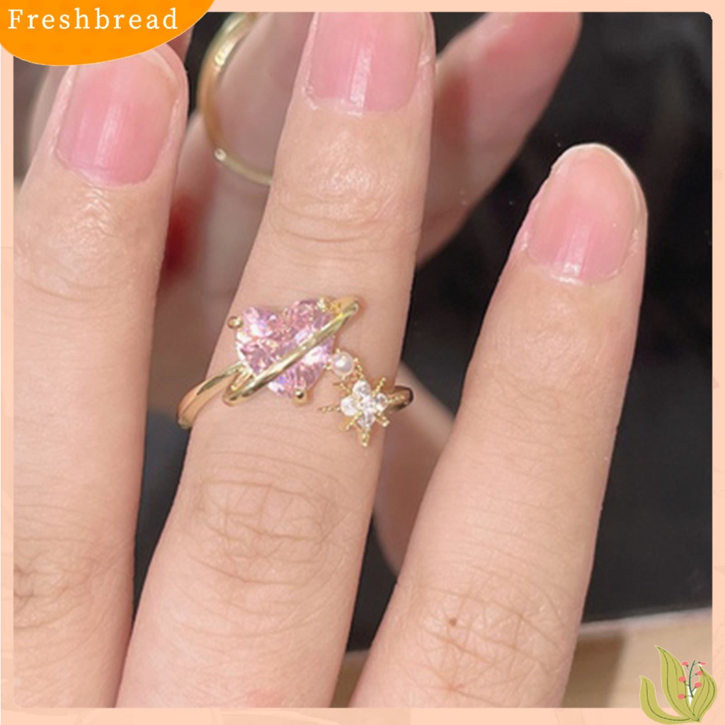 &lt; Freshbread &gt; Berlian Imitasi Bersinar Dapat Disesuaikan Wanita Cincin Pink Cubic Zirconia Jantung Pembukaan Cincin Perhiasan Aksesoris