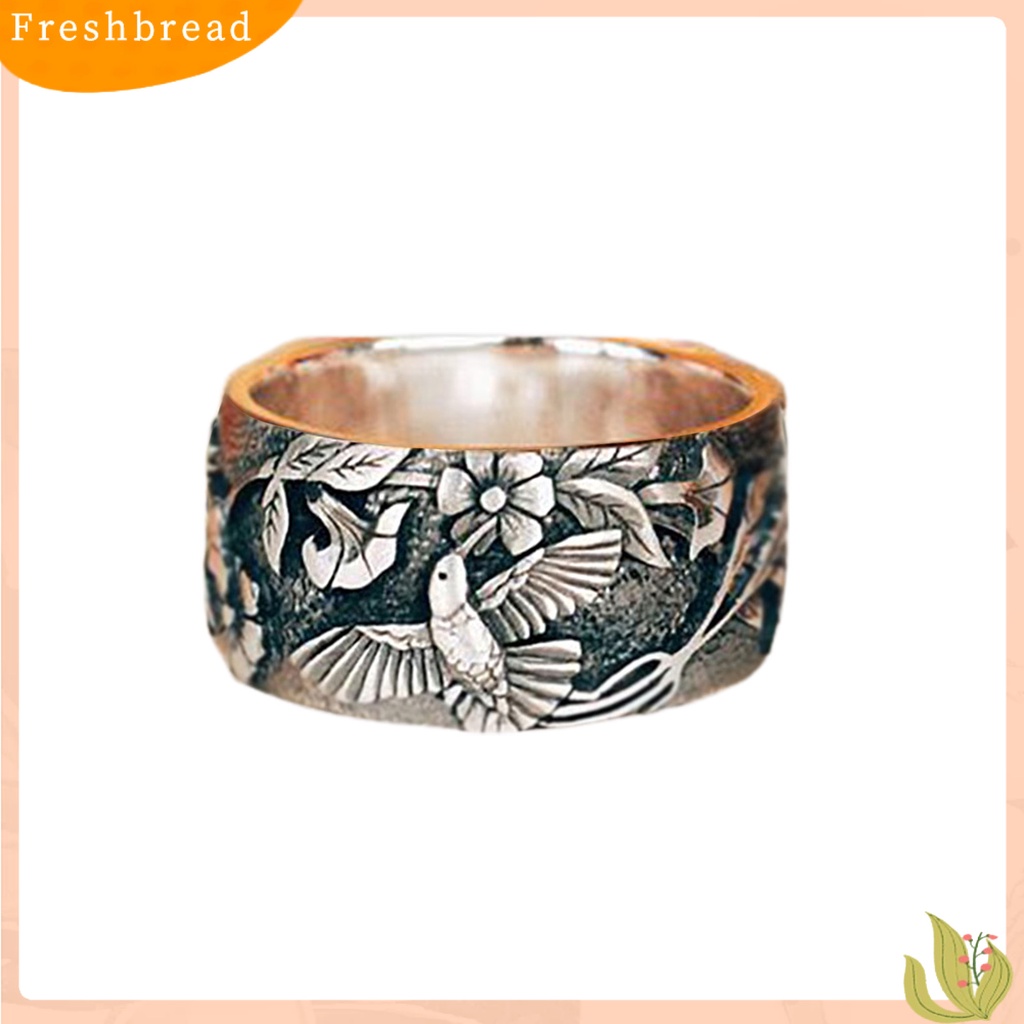 &lt; Freshbread &gt; Burung Pola Bunga Unisex Cincin Retro Warna Paduan Lebar Hip Hop Jari Cincin Aksesori Perhiasan