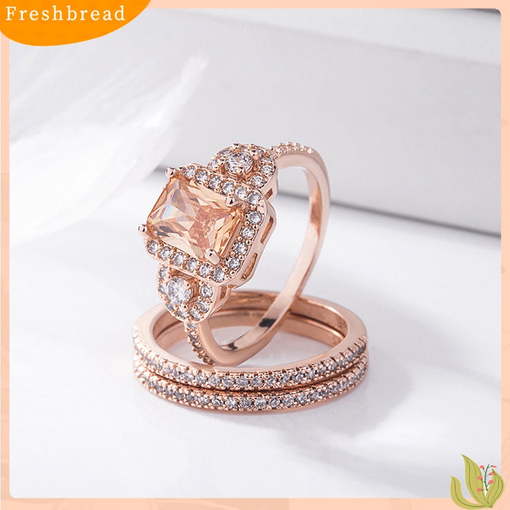 &lt; Freshbread &gt; 2Pcs/Set Ladies Rings Shiny Faux Crystal Rose Golden Alloy Ring Elegan Perhiasan Aksesoris Fashion Micro-Hias Square Rhinestones Rings Hadiah Pertunangan