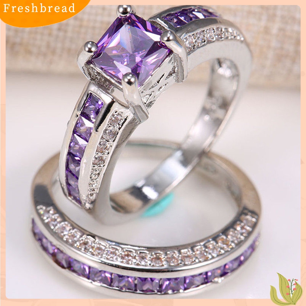 &lt; Freshbread &gt; 2Pcs Perhiasan Putri Persegi Imitasi Amethyst Hias Berlian Imitasi Pernikahan Cincin Band