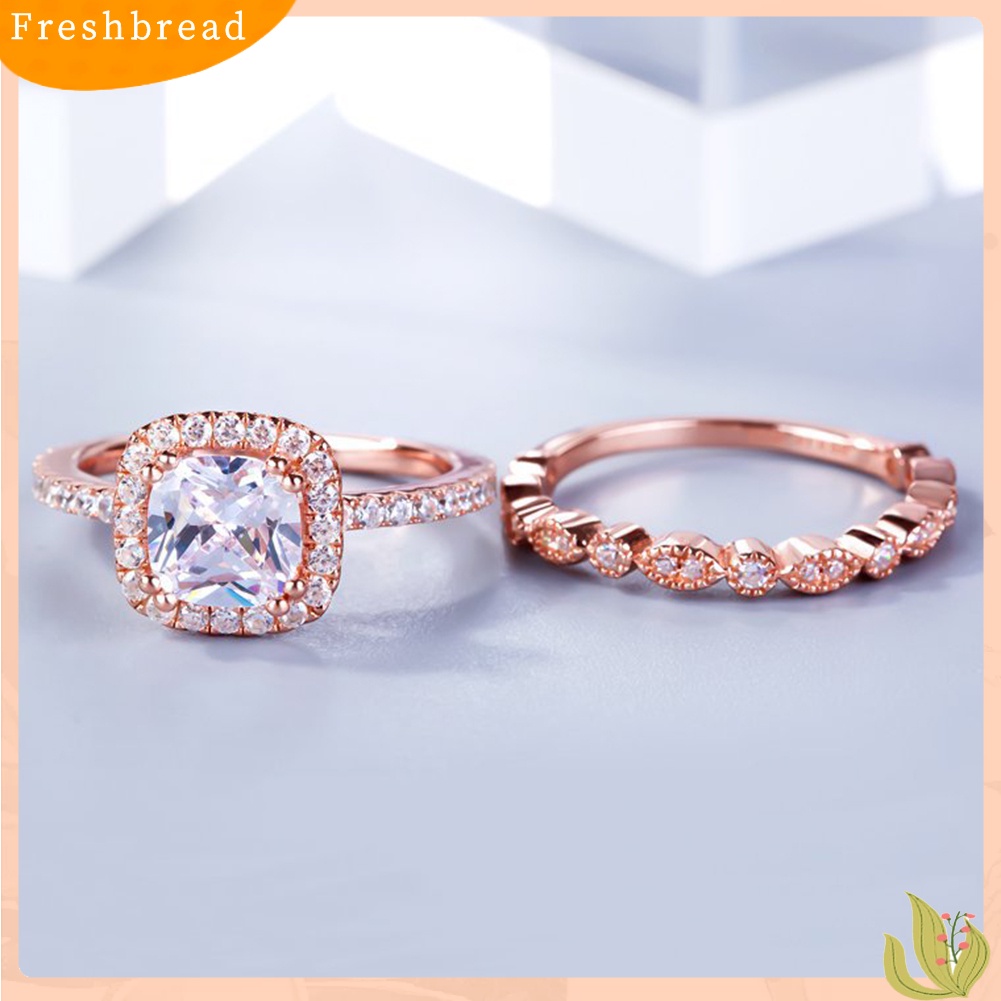 &lt; Freshbread &gt; 2Pcs/Set Wanita Emerald Cut Cubic Zirconia Stacking Finger Ring Perhiasan Pernikahan