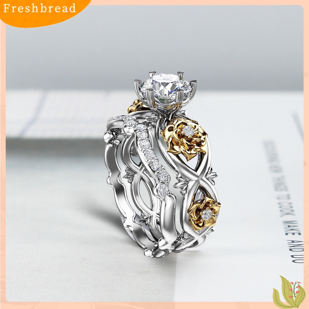 &lt; Freshbread &gt; 2Pcs Cincin Wanita Desain Bunga Dapat Disesuaikan Berlapis Emas Geometris Berkilau Dua Warna Cubic Zirconia Hias Pernikahan Pertunangan Rings Perhiasan Hadiah Untuk Pacar