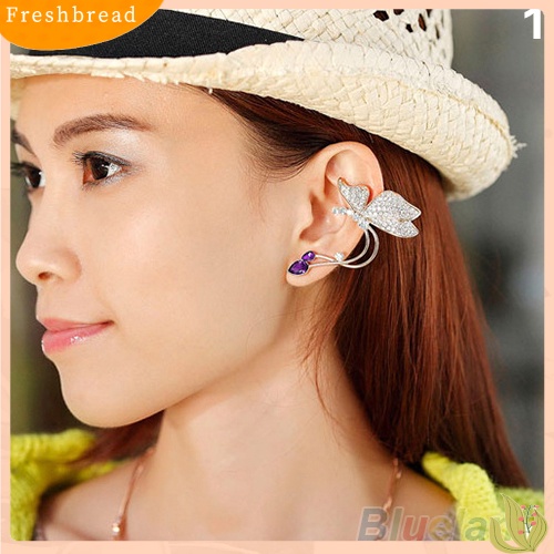 &lt; Freshbread &gt; 1Pc Stud Anting Kupu-Kupu Klip Telinga Kristal Wanita Elegan Untuk Telinga Kiri