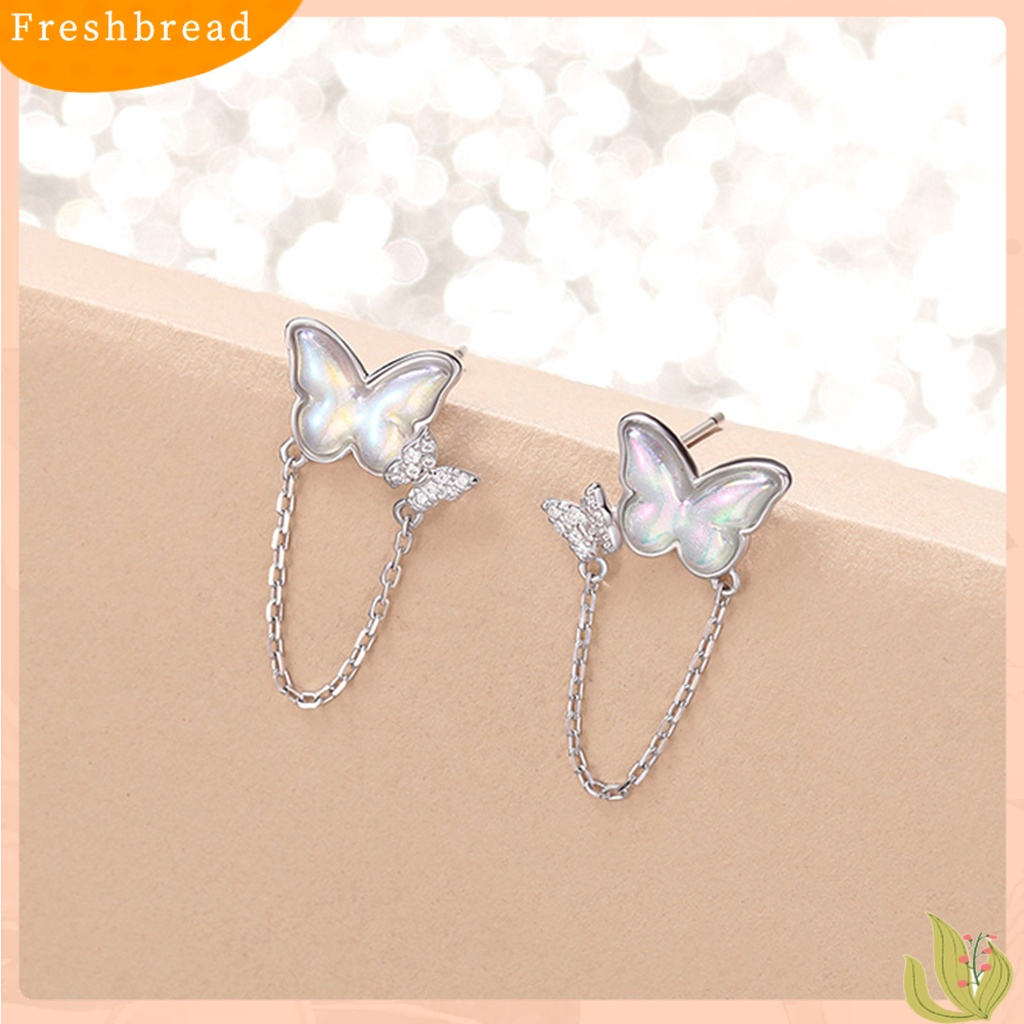 &lt; Freshbread &gt; 1pasang Ear Studs Mini Faux Moonstone Elegan Berlian Imitasi Tertanam Kupu-Kupu Rantai Wanita Anting Perhiasan Fashion