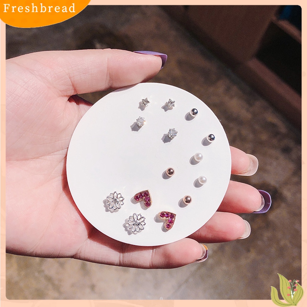 &lt; Freshbread &gt; 6/7pasang Wanita Stud Anting Hati Mutiara Imitasi Perhiasan Berlian Imitasi Berkilau Ear Studs Perhiasan Hadiah