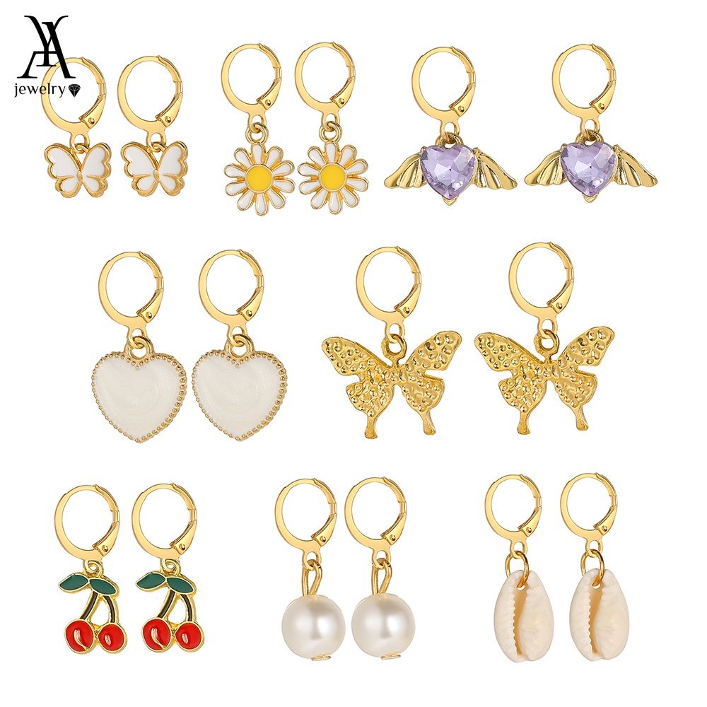 AY(CN) 16pcs/set Cute Pearl Shell Drop Earring Set Colorful Heart Butterfly Flower Cherry Hoop Earrings for Women Accessories Jewelry