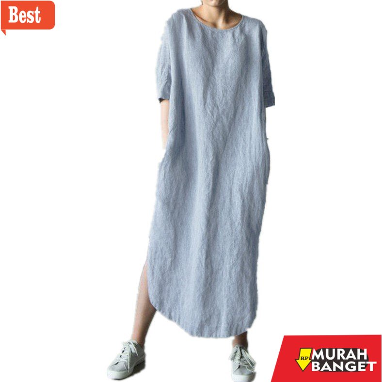 GAMIS RAMADHAN TERBARU UNTUK WANITA- ZANZEA Women Casual Loose Cotton Beach Plus Size Maxi Dress