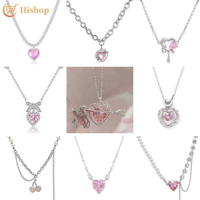 Sweet Pink Zircon Pendant Necklace Untuk Wanita Hati Perak Rantai Kalung Choker Y2K Aksesoris Perhiasan