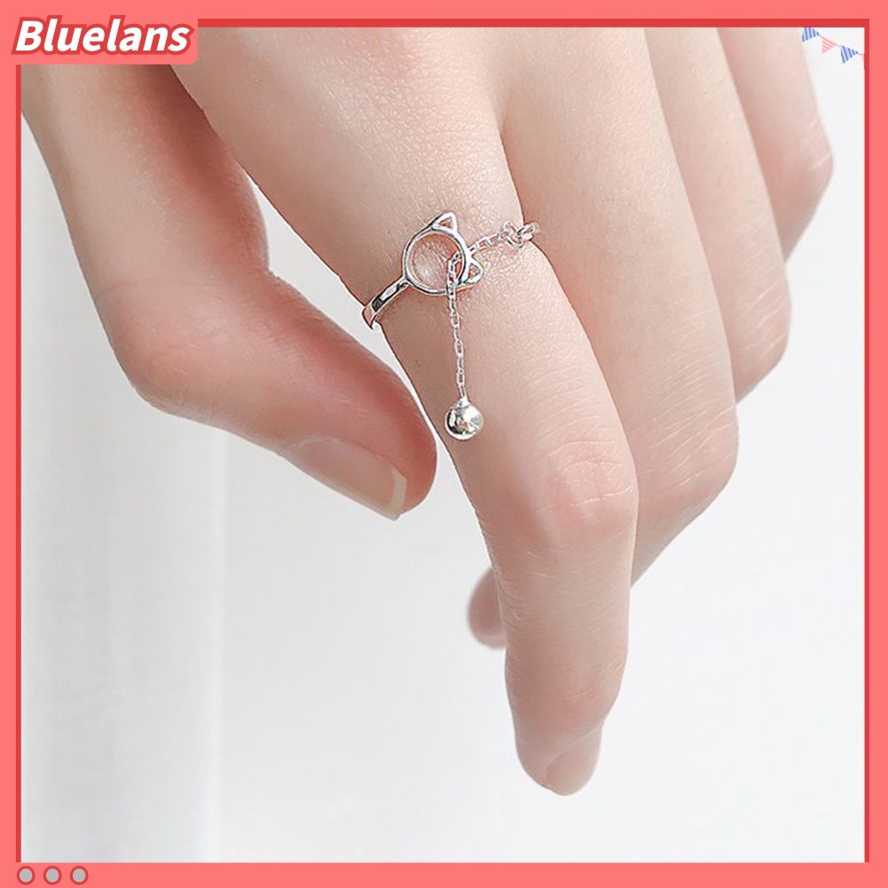 {In Stock} Wanita Fashion Berongga Bentuk Kucing Lonceng Kecil Liontin Rantai Terbuka Cincin Perhiasan Hadiah