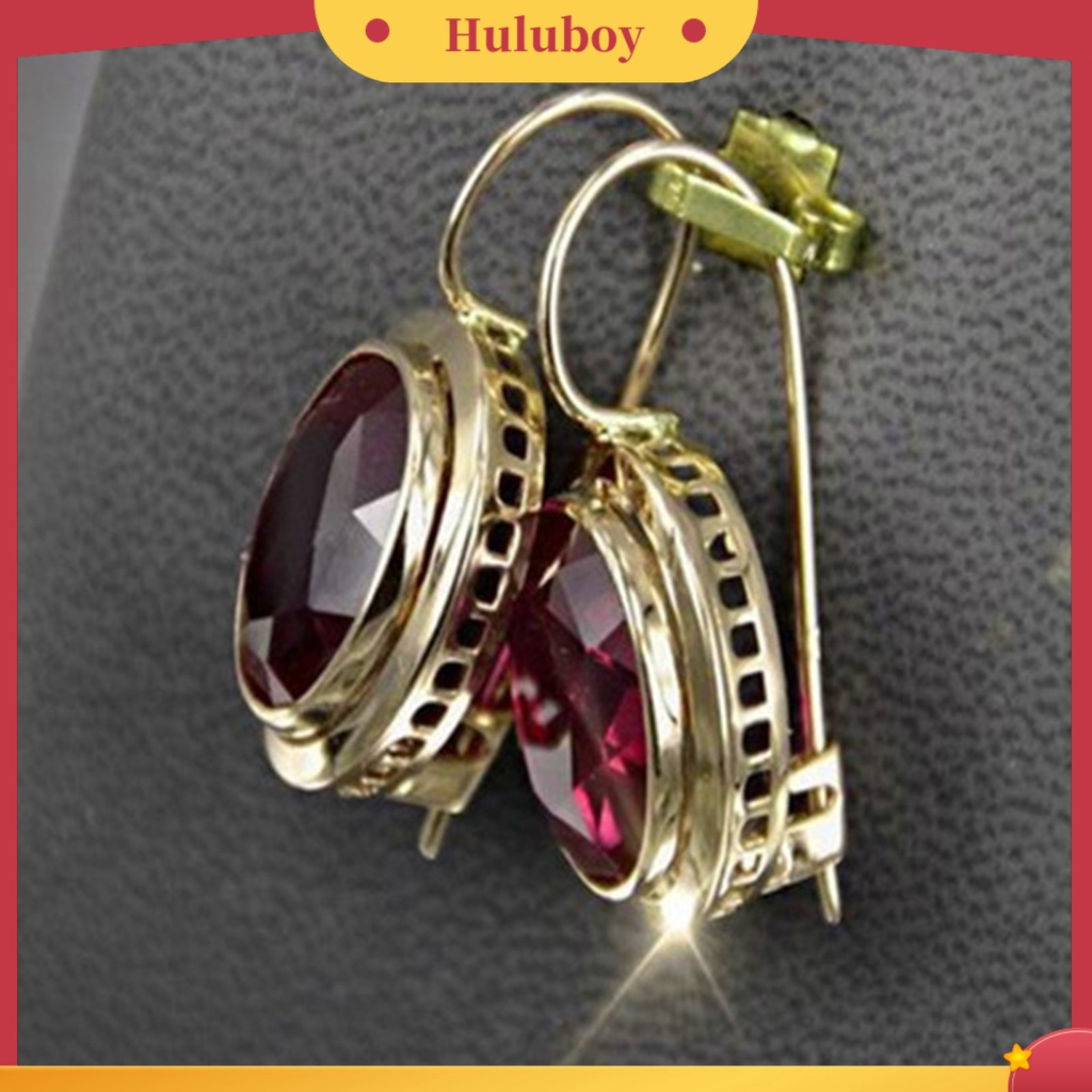 {Ready Stock} 1pasang Merah Berlian Imitasi Wanita Anting Oval Alloy Berongga Shiny Klip Anting Perhiasan Pernikahan