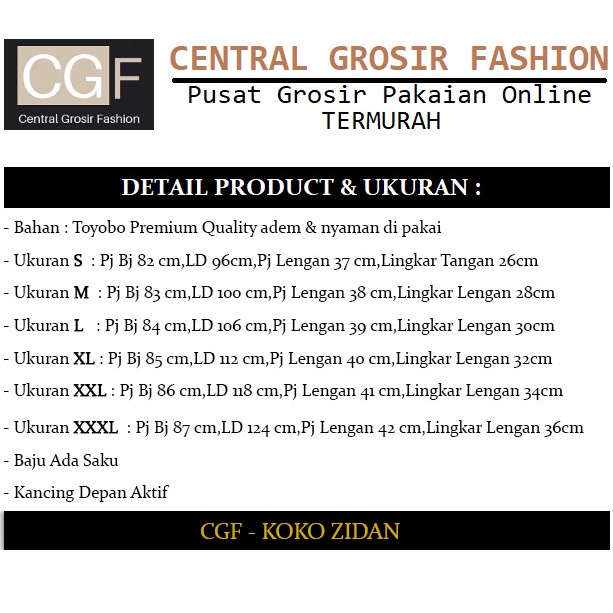 Koko Zidan - Central Grosir Fashion (CGF) - Ukuran S-3XL - Matt Katun Toyobo Import - Baju Koko Qurta Pria - Baju Koko atasan Pria