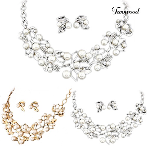 Twowood Elegan Bridal Faux Pearl Leaves Choker Kalung Stud Earrings Set Perhiasan