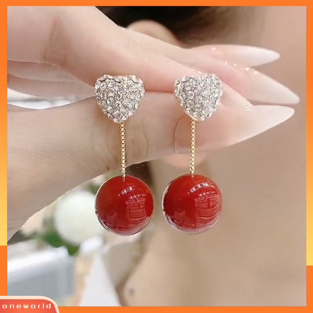 [OWR] 1pasang Ladies Earrings Berlian Imitasi Hias Cahaya Mewah Semua Pertandingan Kokoh Kompak Berdandan Paduan Faux Peal Jantung Stud Earrings Hadiah