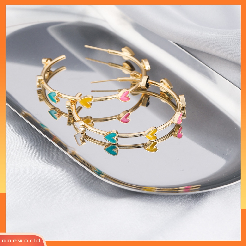 [OWR] 1pasang Anting Hoop Berbentuk C Geometris Hypoallergenic Warna-Warni Berbentuk Hati Stud Earrings Fashion Perhiasan