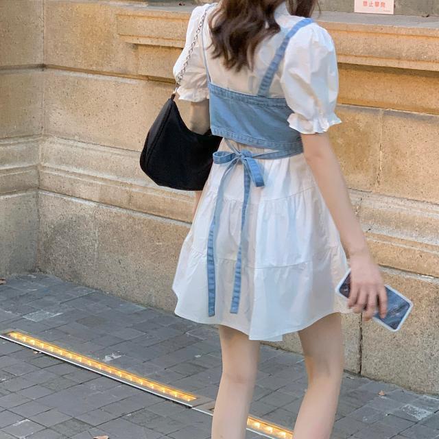 Red Retro French Puff Sleeve Dress Wanita Setelan Jas Gaya Korea Baru Rok Suspender Denim Ramping