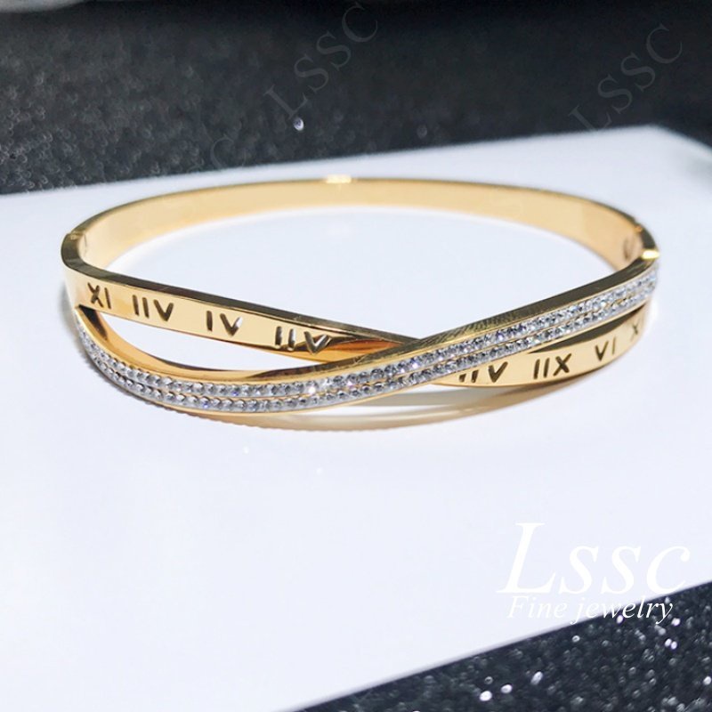 Gelang Titanium Wanita Anti Karat Salib Permata Berlian Emas 18K Cantik Mewah Fashion Korea Dewasa Bangle Aksesoris Perhiasan