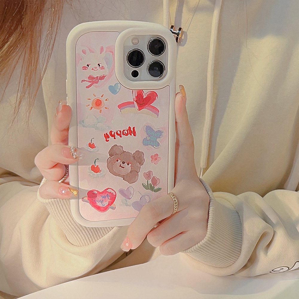 IPHONE Ins Lukisan Cat Minyak Beruang Dan Kelinci Pola Kulit Lembut Shockproof Phone Case Covers Untuk Iphone11 12 13 14 PLUS PRO MAX