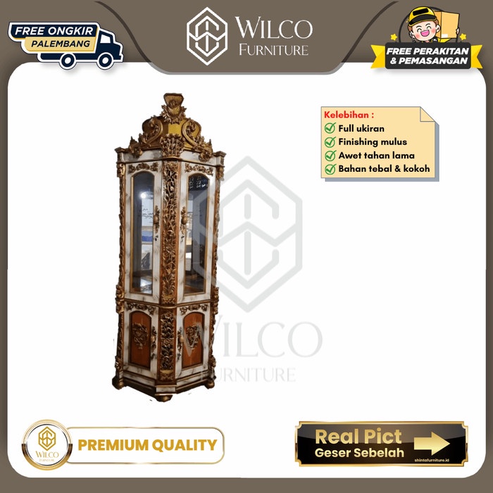 Lemari Hias Sudut Sima Jati Ukir Jepara / Lemari Kaca Sudut JATIRA Jati Jepara Minimalis PLG
