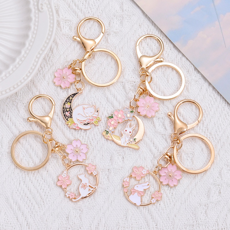 Kartun Sakura Bulan Kucing Kelinci Gantungan Kunci Untuk Gadis Wanita Lucu Kelinci Kucing Liontin Keyring Charm Mobil Keychain Accessorie DIY Perhiasan Hadiah