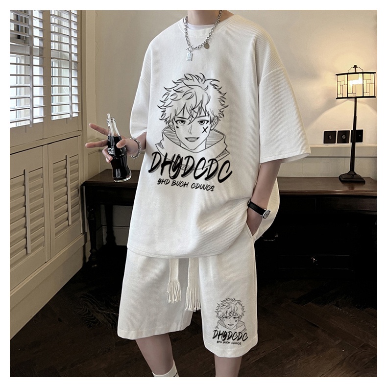 SSMY ONE SET SETELAN T-SHIRT DAN CELANA INTERNET CELEBRITY COUPLE POP FASHION WITH T-SHIRT MEN SHORT-SLEEVED SUIT LOOSE-FITTING HALF-SLEEVED SPORTSWEAR SET