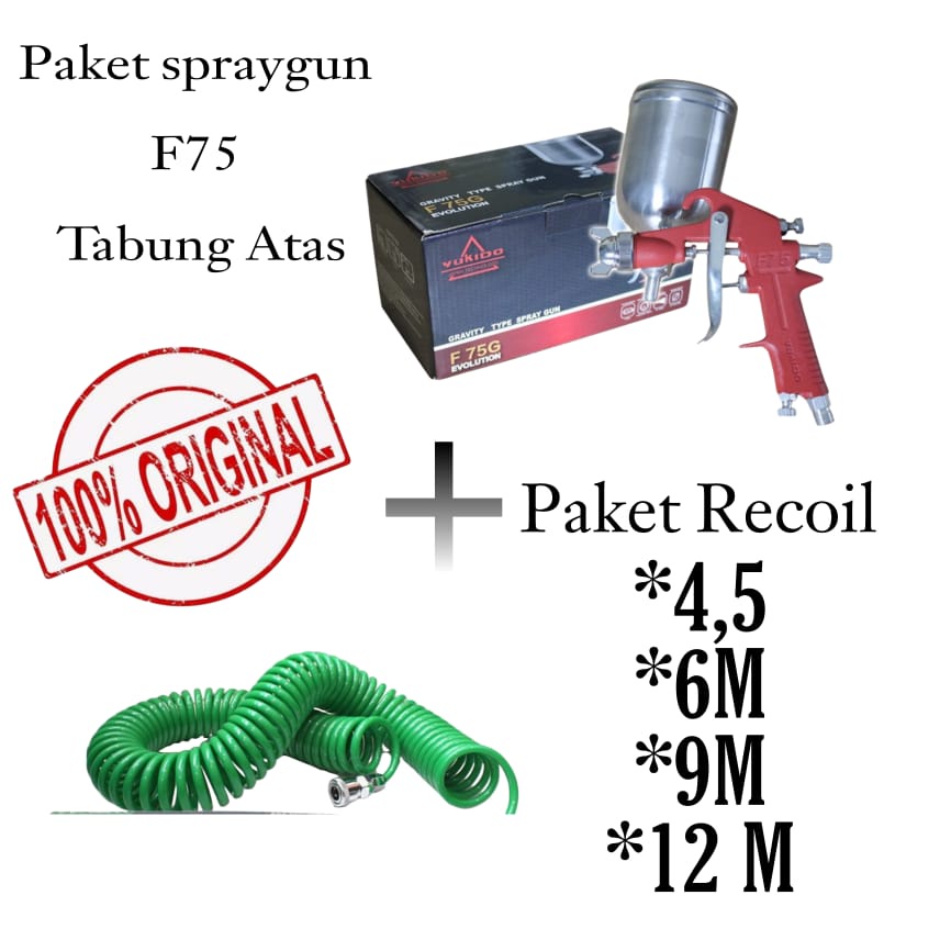 [PAKET 2 ITEM] PAKET Alat Semprot Cat Angin SPRAY GUNS F75 Tabung Atas 400Ml ALAT CAT SEMPROT F75 TABUNG ATAS DAN SELANG RECOIL YUKIDO AAT 4,5M-6M-9M-12METER