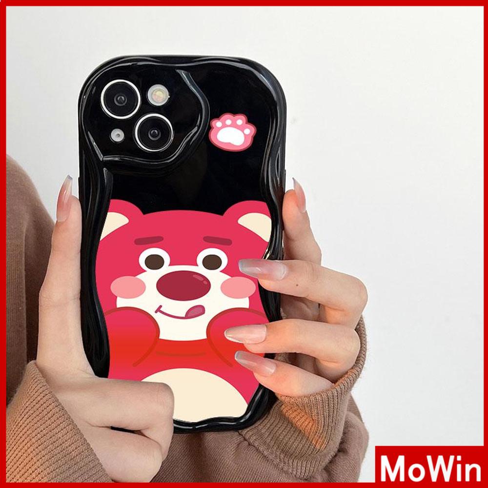 For iPhone 14 Pro Max iPhone Case 3D Curved Edge Wave Glossy Black TPU Airbag Shockproof Camera Cover Strawberry And Bear Compatible with iPhone 13 Pro max 12 Pro Max 11 xr xs max