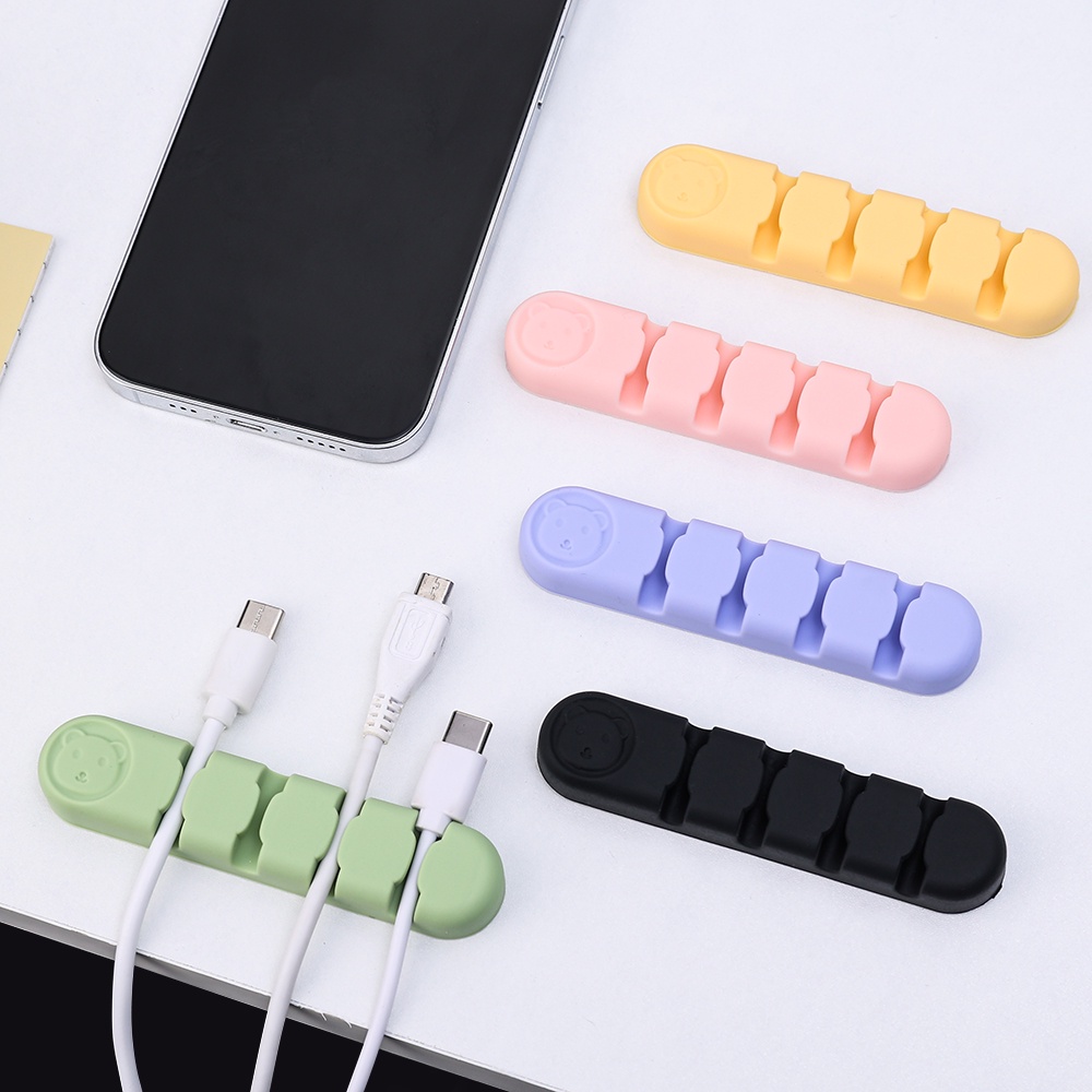 1pc 4-Grid Beruang Lucu Silikon Kabel Organizer Earphone Mouse Kawat Manajemen Klip Perekat Diri Dinding Dipasang Pemegang Kabel Kantor Rumah Desktop Penyimpanan Kait