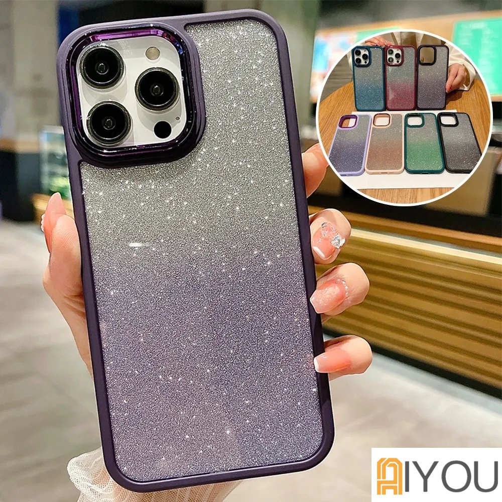 IPHONE Untuk Iphone14Plus 13 Pro Max Bling Glitter Gradiasi Ponsel Case Untuk Iphone11 12 14 Pro Max Plating Lensa Frame Perlindungan Cover