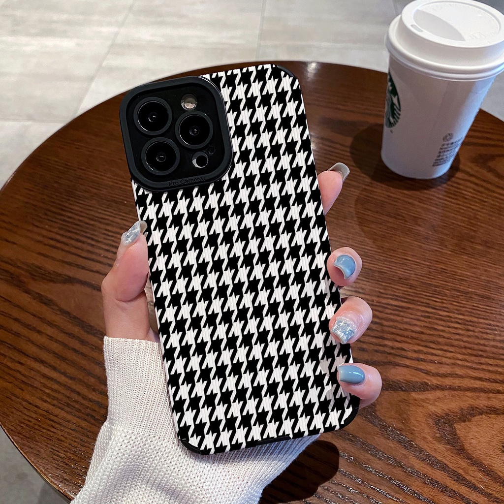 【Lamb Skin】Black and White Houndsto Leather Soft Case for IPhone 6S 7 Plus 8 Plus X XS XR XS Max 11 13 12 14 PRO Max 14 Plus 12 13 Mini Ins Fashion Twisted Stripe Girl Women's Gift