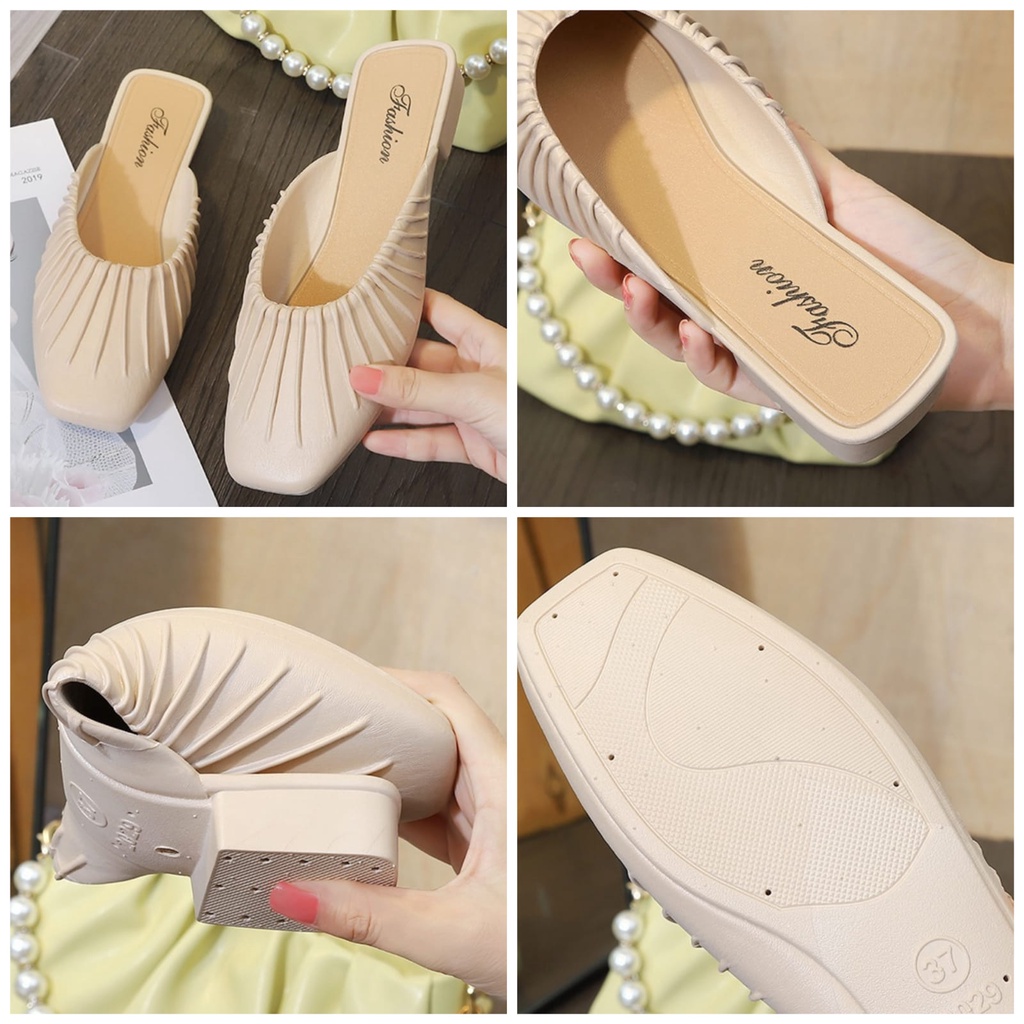 GROSIRTAS TG1718 Sandal Wanita Flat Jelly Mules Kerut Garis Import Fashion Korean Terbaru