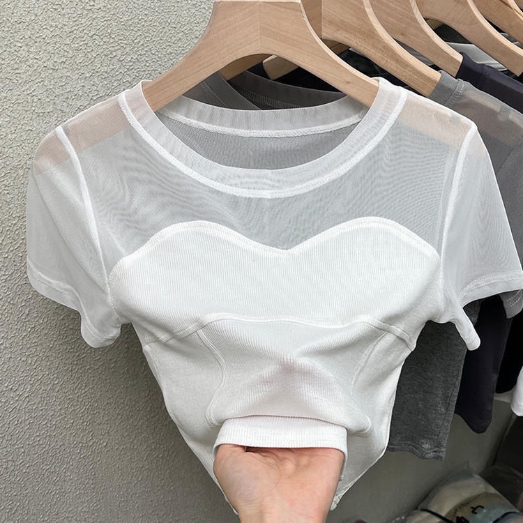 Red Jala jahitan benang t-shirt wanita keinginan murni chic manis dan pedas gaya Hong Kong desain mesin hati-hati lengan pendek t-shirt in pasang
