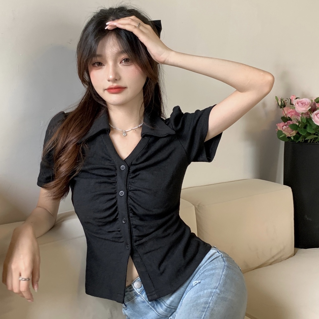 Red 100% Katun Wanita Rasa Desain V-Leher Lipit Bahu T-shirt Wanita Musim Panas Slim Slim Lengan Pendek POLO Kerah Top