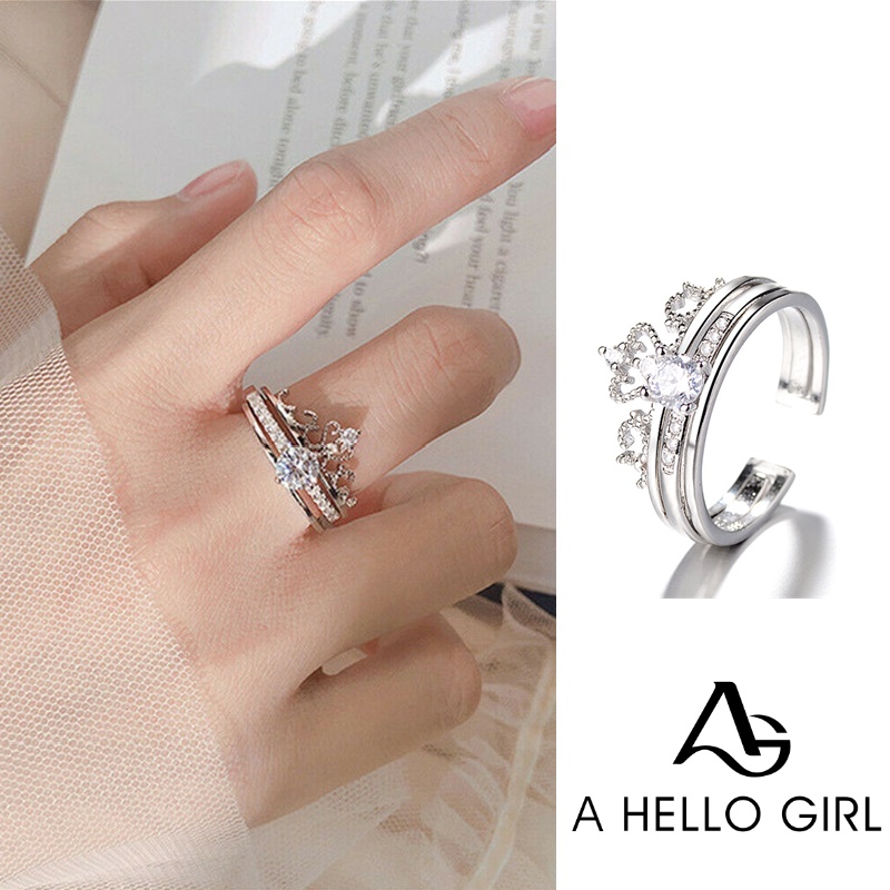 2Pcs Cincin Kristal Zircon Warna Silver untuk Wanita