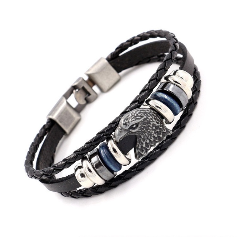 [X C Gelang] Baru Elang Kepala Gesper Gelang Kulit Hitam Vintage Hip Hop Punk Gelang Kulit Lengan Manik-Manik Multilayer Zinc Alloy Anyaman Gelang