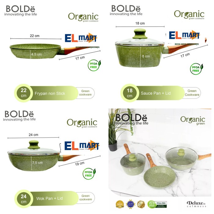 Bolde Organic Green Pan Set 5pc Panci Wajan Anti Lengket Dengan Tutup