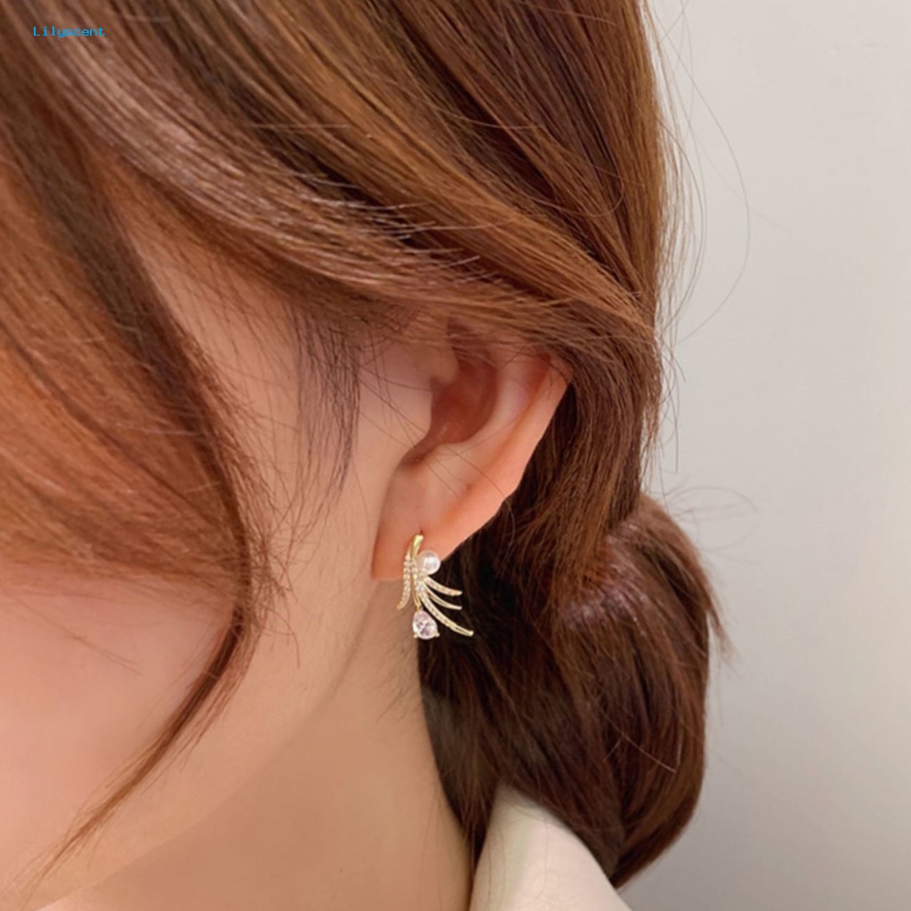 Lilyscent 1pasang High-end Stud Earrings Aksesoris Pakaian Wanita Mewah Daun Imitasi Mutiara Menjuntai Earrings Geometris