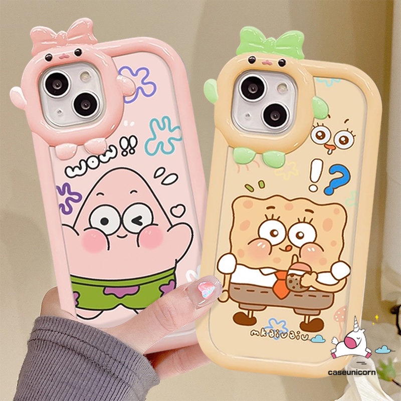 Lucu 3D Ikatan Simpul Little Monster Lens Couples Case Kompatibel Untuk iPhone 7Plus 11 14 13 12 Pro Max XR 8 7 6s 6 Plus XS Max X SE 2020 Kartun Patrick Star SpongeBob Soft Tpu Cover